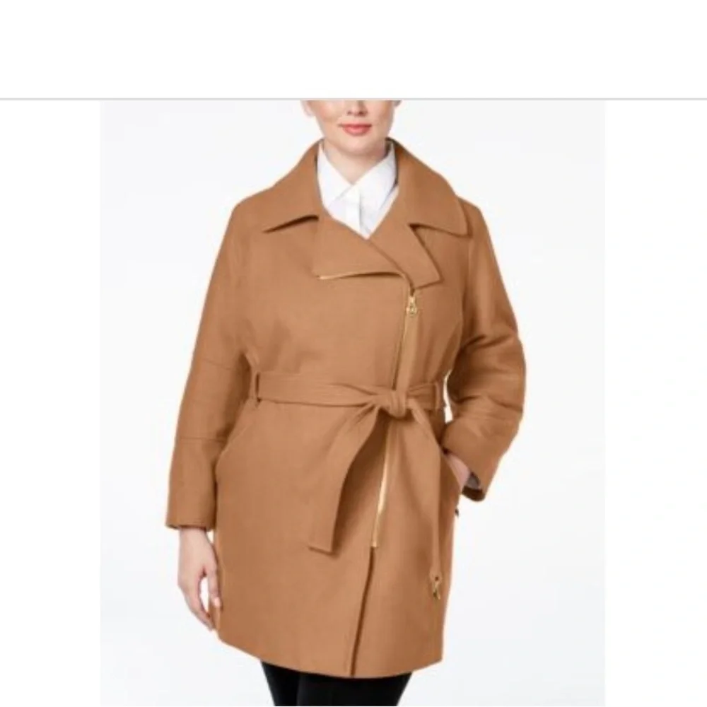 Michael Michael Kors Asymmetrical Belted Wool Blend Camel Coat Size 2X